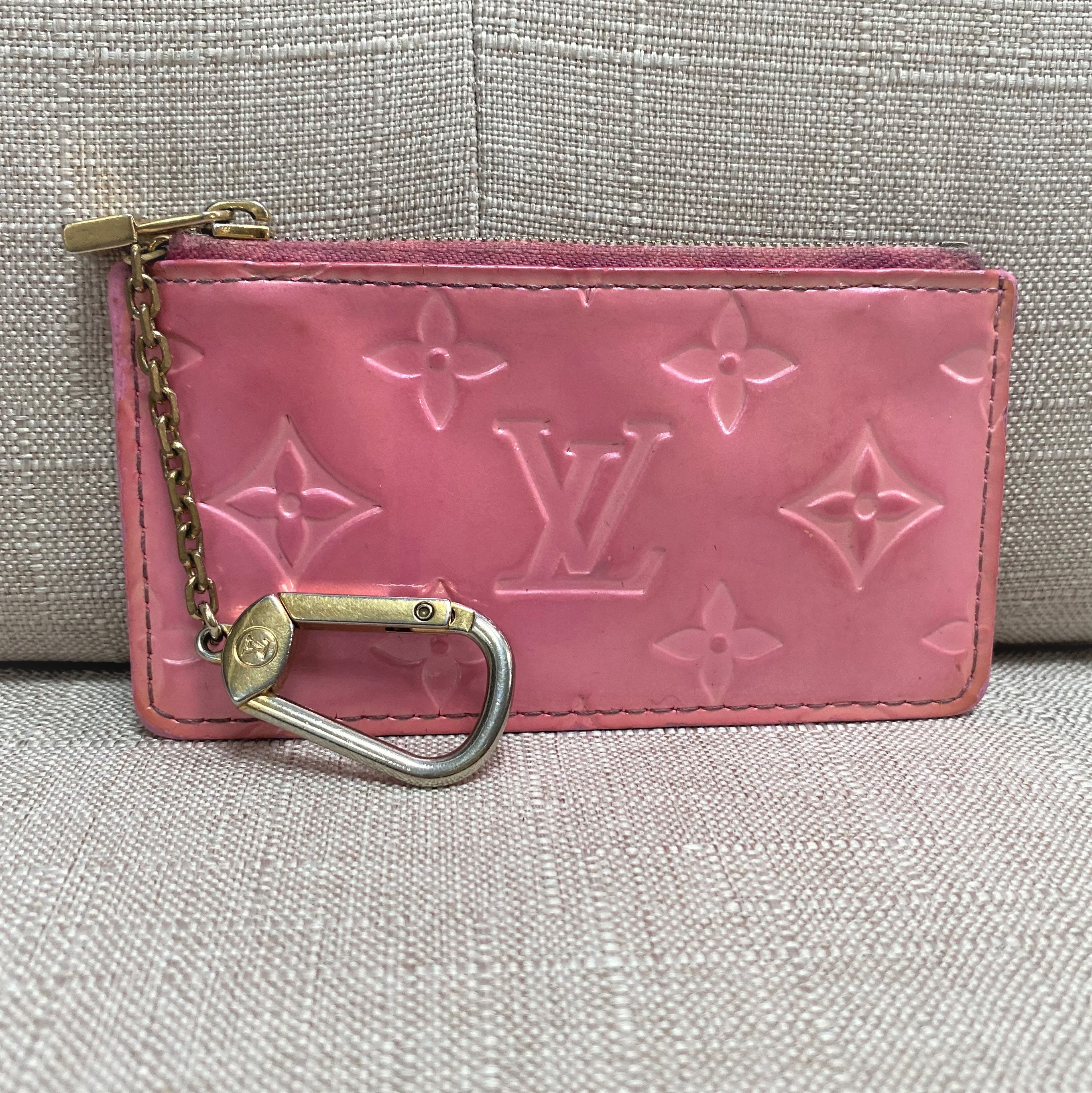 Authentic Louis Vuitton LV Vernis Leather Key Cles Pouch Pink Card