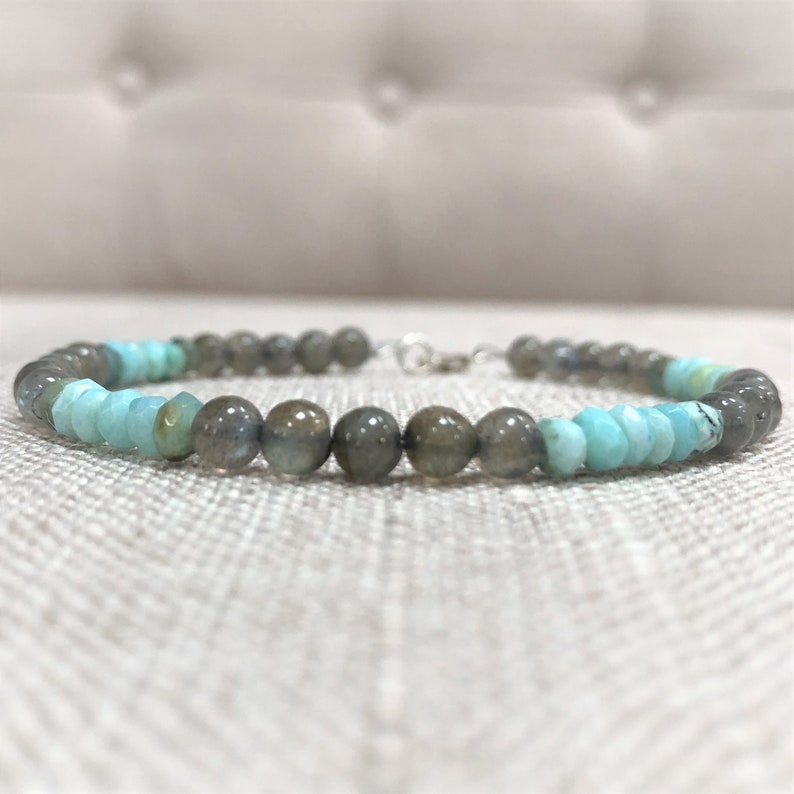 Labradorite Peruvian Blue Opal and Silver Bracelet 5mm October Opal Birthstone