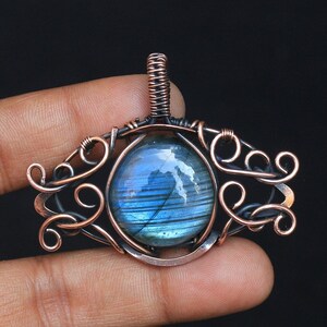Blauwe flitsende labradorietkoperhanger, geoxideerde draadwikkel, boze oog-sieraden