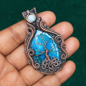 Elegant Evil Eye Moonstone Tree Of Life Pendant Copper Jewelry, Chrysocolla Gemstone Handmade Copper Wire Pendant, Wedding Gift Pendant