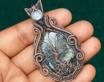 Moss Agate Gemstone Wire Wrap Tree Of Life Pendant, Evil Eye Moonstone Pendant, Moss Agate Copper Pendant Necklace Jewelry, Gift For Her