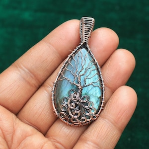 Gorgeous Tree Of Life Labradorite Copper Wire Wrap Pendant Jewelry, Copper Pendant Necklace, Gift For Mom, Oxidize Polish Pendant