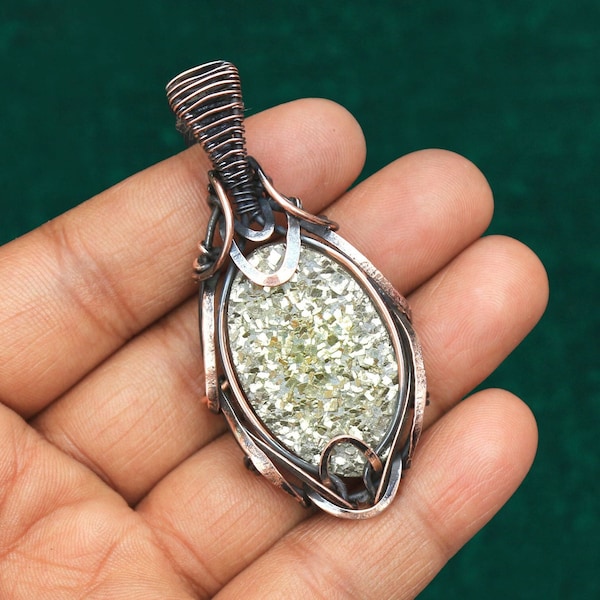 Rare Of Very Rare Collection Pendant, Pyrite Druzy Gemstone Wire Wrap Pendant Jewelry, Handmade Item, For Birthday Gift, Unisex Pendant