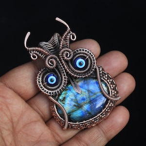 Labradorite Owl Copper Pendant, Multi Fire Labradorite Copper Wire Wrap Pendant Jewelry, Owl Designer Handmade Copper Jewelry, Gift For Her