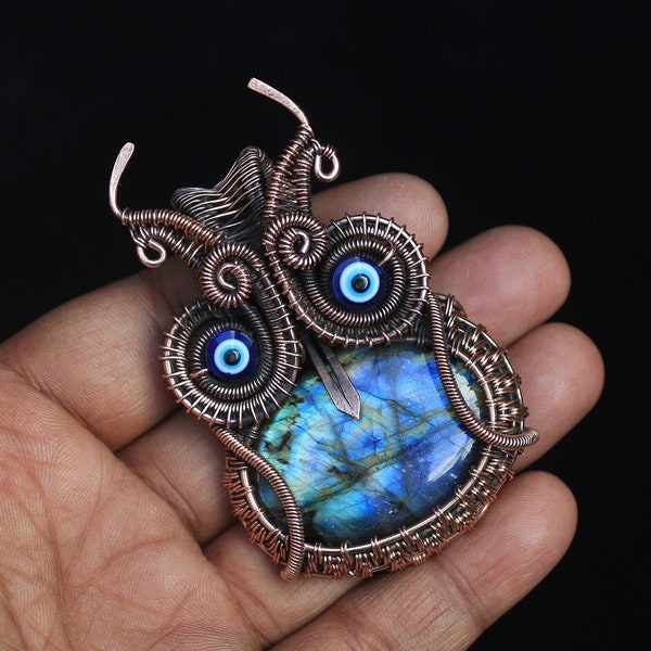 Labradorite Owl Copper Pendant, Multi Fire Labradorite Copper Wire Wrap Pendant Jewelry, Owl Designer Handmade Copper Jewelry, Gift For Her