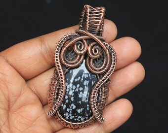 Snowflake Obsidian Copper Wire Wrapped Pendant: Gemstone Jewelry