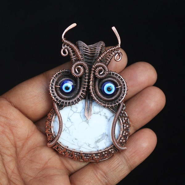 White Owl Pendant Wild Horse Jasper Gemstone Wire Wrap Pendant Copper Jewelry, Handmade Pendant, Use For Necklace, Evil Eye Owl Pendant