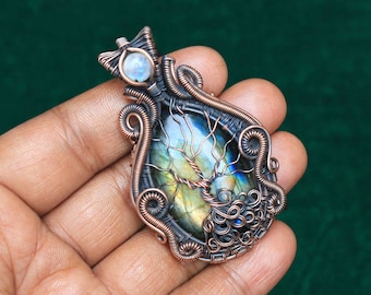 Fabulous Life Of Tree Pendentif mauvais œil en pierre de lune, Pendentif en fil métallique en labradorite, Pendentif en fil métallique avec pierre précieuse, Cadeau pour mère