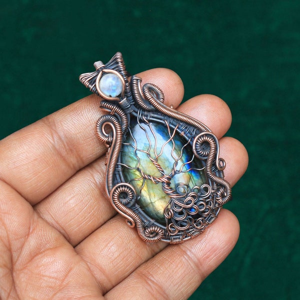 Favolosa vita dell'albero Ciondolo malocchio in pietra di luna, ciondolo avvolto in filo di labradorite, ciondolo avvolto in filo di pietra preziosa, regalo per la madre