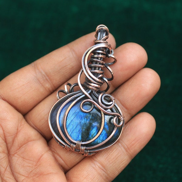 Labradorite Pumpkin Pendant, Blue Labradorite Gemstone Copper Wire Pendant Jewelry, Oxidize Copper Wire Pendant Jewelry, Gift For Her
