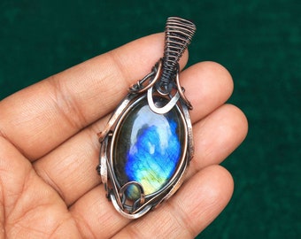 Unique Collection Blue Labradorite Gemstone Copper Pendant, Oxidize Copper Wire Pendant Jewelry, Gift For Her, Copper Wire Wrap Pendant