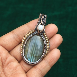 Superb Labradorite Gemstone Copper Pendant, Oxidize Copper Wire Wrap Pendant Jewelry, Gift For Her, Moonstone Evil Eye Copper Pendant