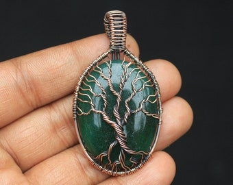 Gorgeous Green Jade Gemstone Copper Wire Wrap Pendant, Tree Of Life Pendant, Copper Wire Pendant, Jade Cabochon Copper Jewelry, For Gift