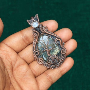 Moss Agate Gemstone Wire Wrap Tree Of Life Pendant, Evil Eye Moonstone Pendant, Moss Agate Copper Pendant Necklace Jewelry, Gift For Her