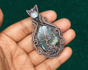 Moss Agate Gemstone Wire Wrap Tree Of Life Hanger, Evil Eye Moonstone Hanger, Moss Agate Koperen Hanger Ketting Sieraden, Cadeau voor haar