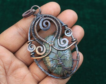Prehnit Cabochon Kupfer Anhänger : Baum des Lebens Wire Wrap Schmuck