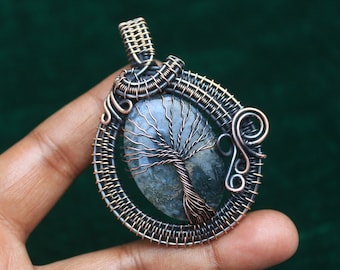 Graceful Tree Of Life Pendant, Moss Agate Gemstone Wire Wrapped Pendant, Moss Agate Copper Wire Pendant Necklace Jewelry, Gift For Her