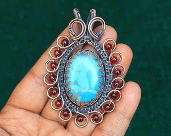 Rare Turquoise Gemstone Copper Wire Wrap Pendant, Oxidize Pendant, Turquoise Copper Jewelry, Christmas Gift, Turquoise Copper Jewelry