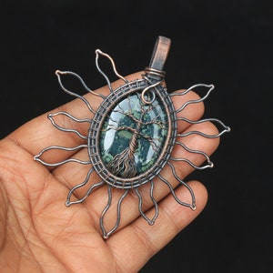Life Of Tree Kambaba Jasper Gemstone Copper Wire Wrap Pendant, Sun Flower Copper Wire Pendant Jewelry, Gift For Her