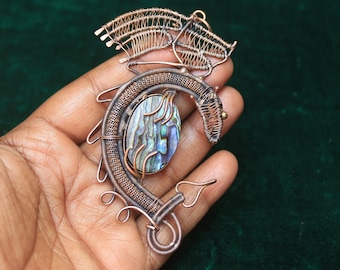 Abalone Shell Dragon Copper Wire Wrap Pendant: Oxidized Jewelry