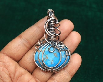 Stunning Blue Turquoise Gemstone Copper Wire Wrap Pendant, Pumpkin Designer Copper Pendant, Christmas Gift, Turquoise Copper Jewelry