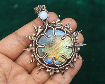 Fabulous Yellow Fire Labradorite Gemstone Wire Wrap Pendant, Moonstone Evil Eye Pendant, Gift For Mother, Beautiful Copper Designer Pendant