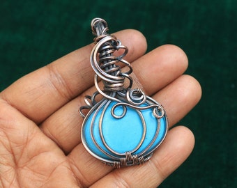 Stunning Blue Turquoise Gemstone Copper Wire Wrap Pendant, Pumpkin Designer Copper Pendant, Christmas Gift, Turquoise Copper Jewelry