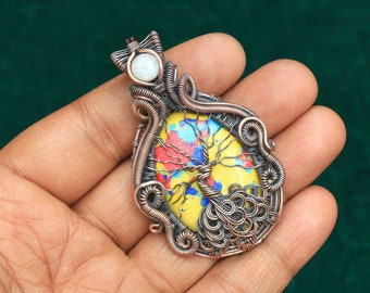 Tree Of Life Pendant: Yellow Turquoise & Copper Wire Wrapped Jewelry