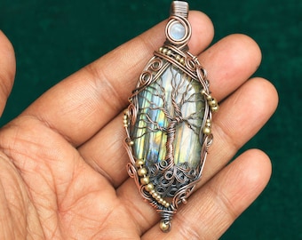 Tree Life Of Moonstone Evil Eye Pendant, Attractive Fire Labradorite Gemstone Wire Wrap Pendant, Gift For Mom, Christmas Gift Tree Pendant