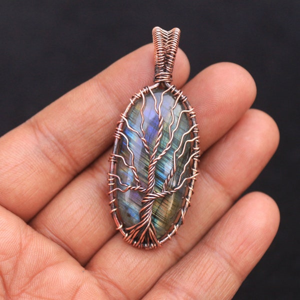 Tree Of Life Labradorite Pendant, Wire Wrap Pendant, Gemstone Wire Wrap Pendant, Mother Gift Copper Pendant, Wire Wrap Tree Pendant