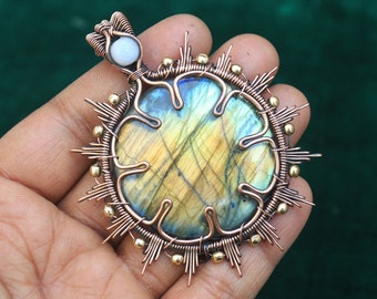 Beautiful Yellow Fire Labradorite Gemstone Wire Wrap Pendant, Moonstone Evil Eye Pendant, Gift For Mother, Beautiful Copper Designer Pendant