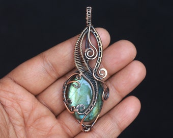Oxidized Copper Wire Wrapped Labradorite Pendant