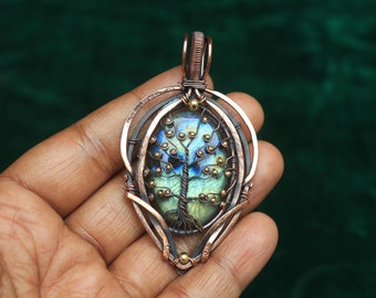 Copper Wire Wrapped Tree of Life Labradorite Pendant