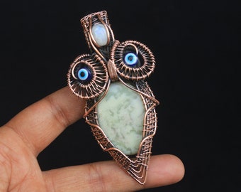 Elegant Serpentine Gemstone Copper Wire Owl Pendant Jewelry, Handicraft Wire Wrap Moonstone Third Eye Owl Pendant, Christmas Gift Pendant