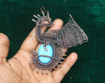 Dragon Pendant, Turquoise Gemstone Copper Wire Wrap Pendant