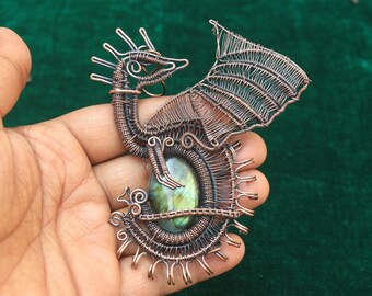 Wire Wrapped Dragon Pendant: Labradorite Gemstone, Copper Jewelry