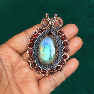 Labradorite Gemstone Copper Wire Wrapped Pendant, Oxidized Polish
