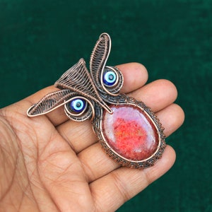Graceful Owl Evil Eye Design Pendant, Pink Rhodonite Gemstone Copper Wire Woven Pendant, Copper Jewelry, Rhodonite Cabochon Copper Pendant