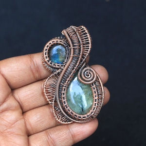 Spectacular Designer Natural Prehnite And Labradorite Gemstone Copper Wire Wrap Pendant, Fabulous Double Gemstone Pendant Jewelry