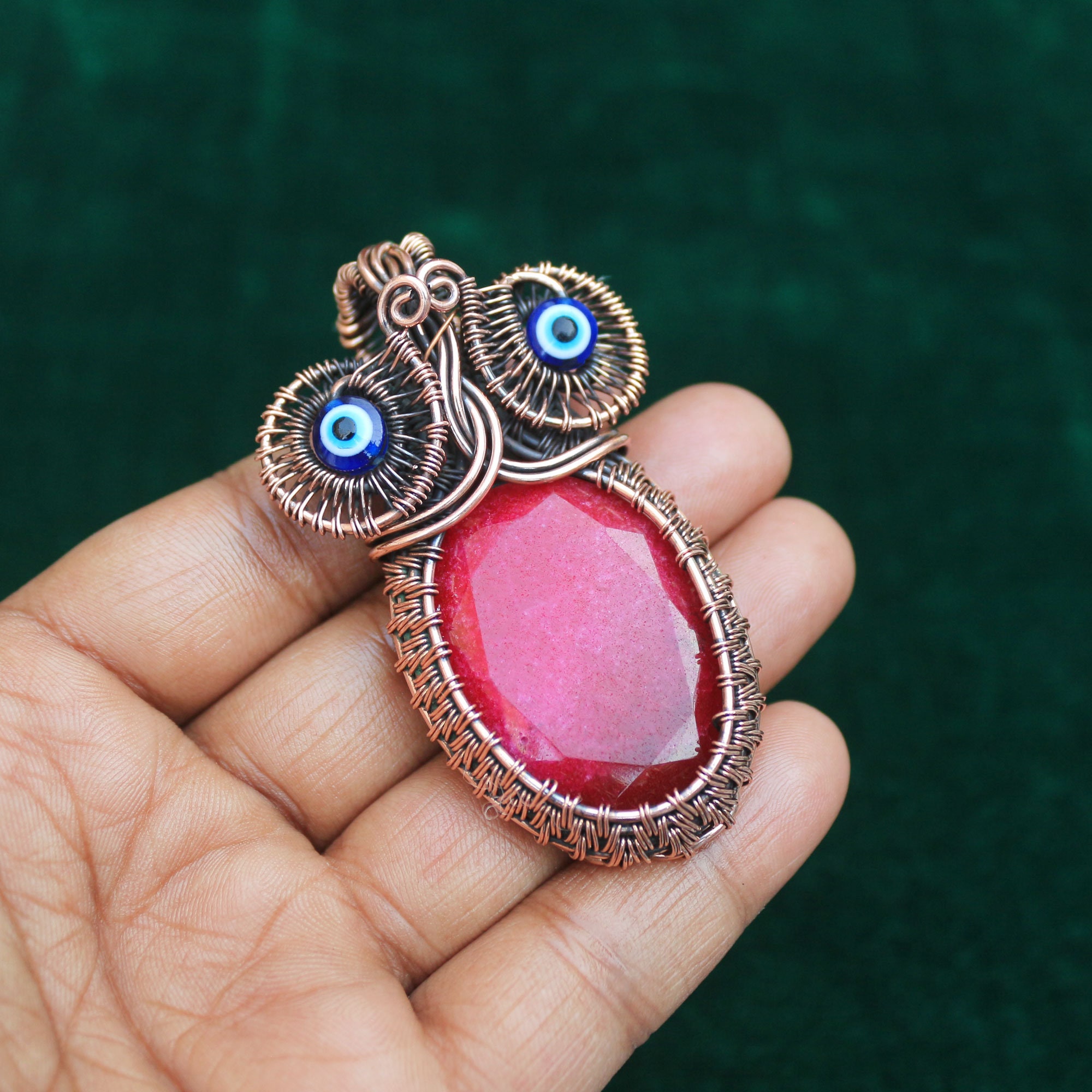 Copper Wire Wrapped Owl Pendant: Red Ruby Gemstone Jewelry