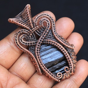 Druzy Black Tourmaline Gemstone Copper Wire Pendant, Cabochon Copper Wire Wrap Pendant Jewelry, Unique Copper Pendant,  Gift For Christmas