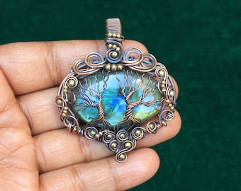 Rare Designer Two Tree Handmade Pendant, Labradorite Gemstone Copper Wire Wrap Pendant Jewelry, Use For Necklace, Gift For Him