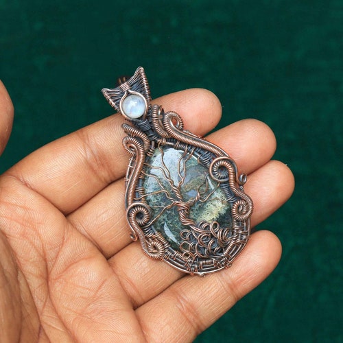 Pendentif arbre de vie en agate mousse, collier enveloppé de fil de cuivre