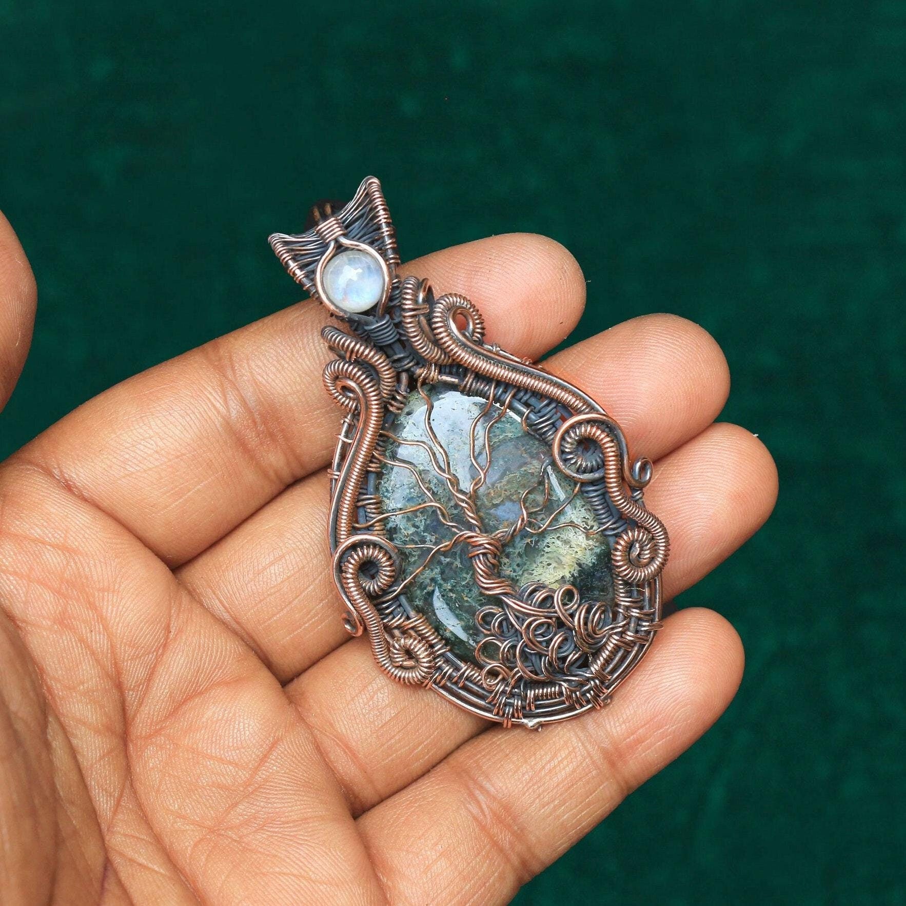 Moss Agate Gemstone Wire Wrap Tree Of Life Pendant, Evil Eye Moonstone Pendant, Moss Agate Copper Pendant Necklace Jewelry, Gift For Her