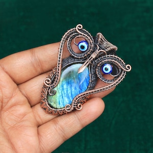 OWL PENDANT, Spectacular Blue Multi Fire Labradorite Copper Wire Wrap Pendant Jewelry, Handmade Pendant Necklace Jewelry, Gift For Her