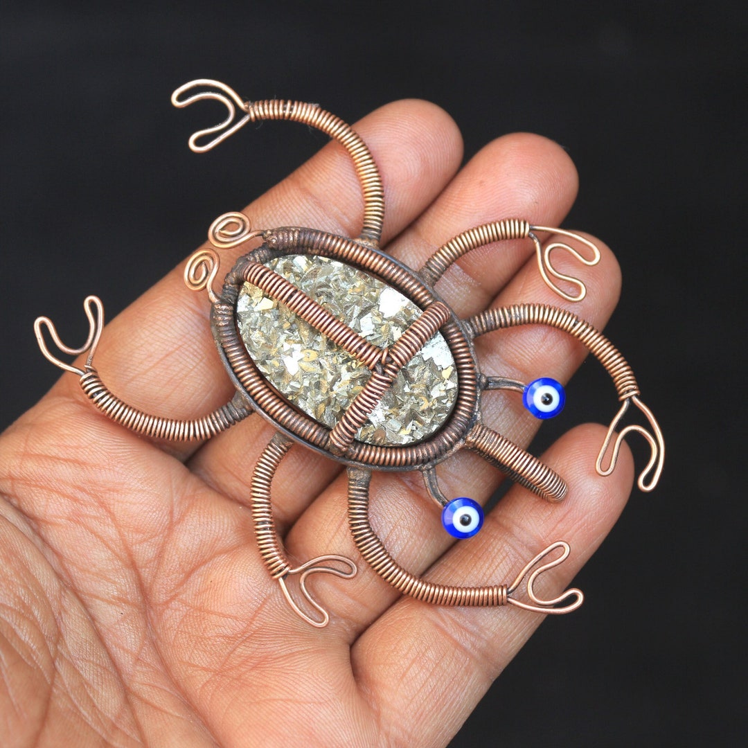 Fabulous Wire Wrap Crab Copper Wire Pendant Jewelry, Pyrite Druzy