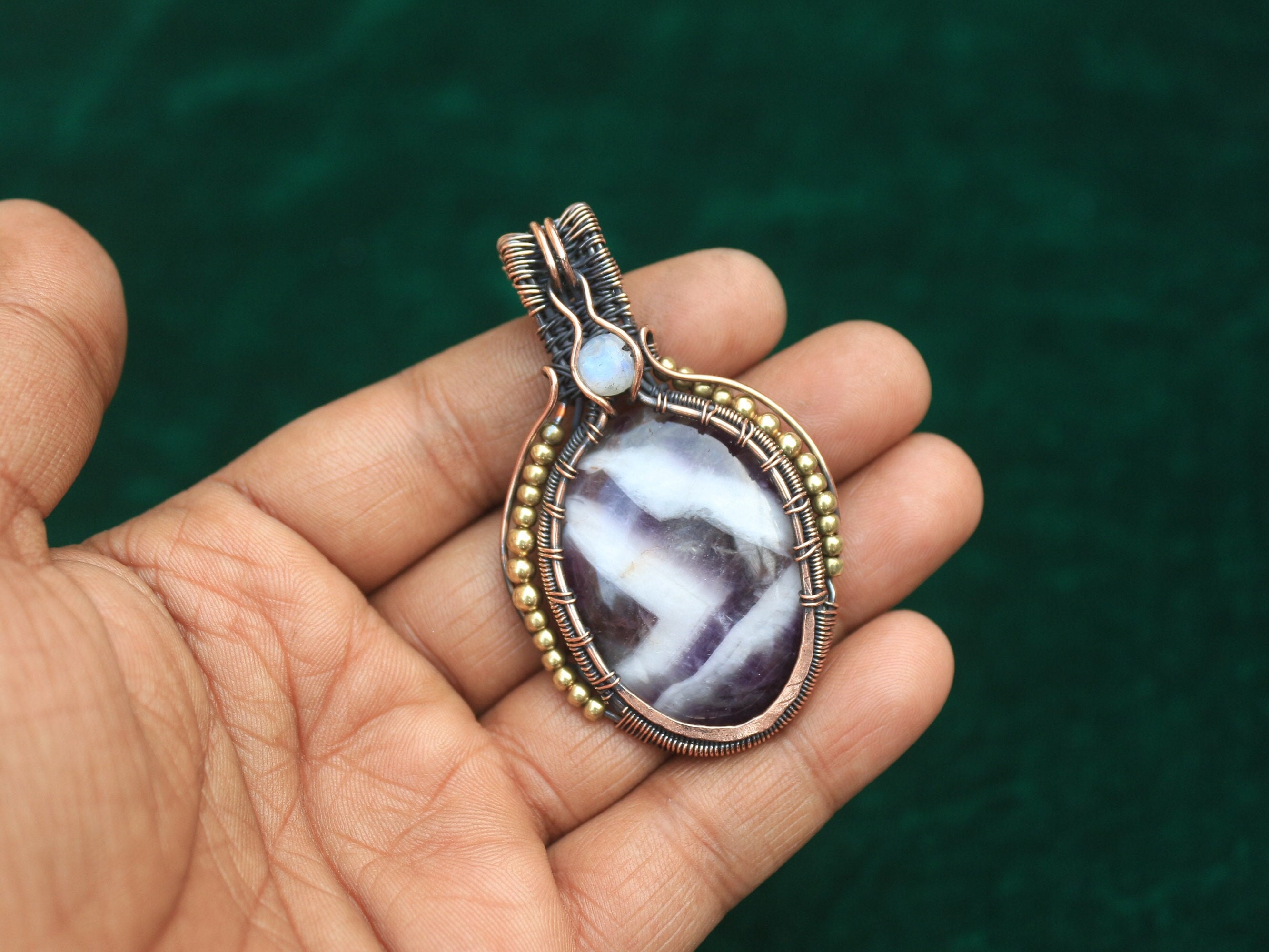 Handmade Rainbow Moonstone & Copper Wire Pendant - Beautiful Gemstone Jewelry (3 CCP 045)