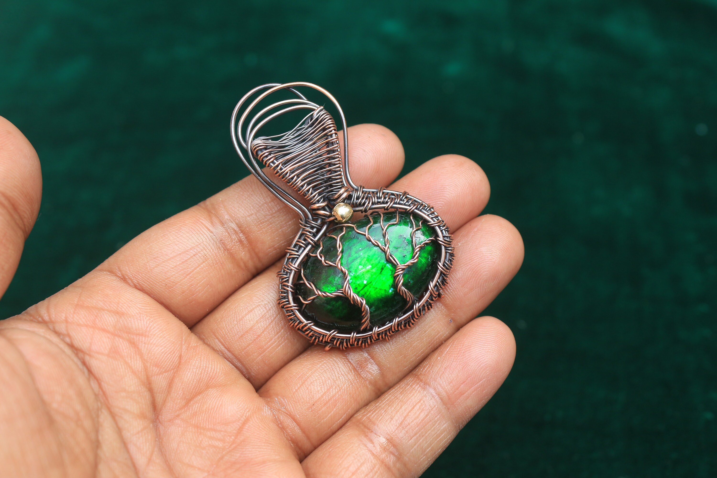 Handmade Copper Wire Wrapped Tree Of Life Pendant With Natural Gray Labradorite Heart Shaped Gemstone