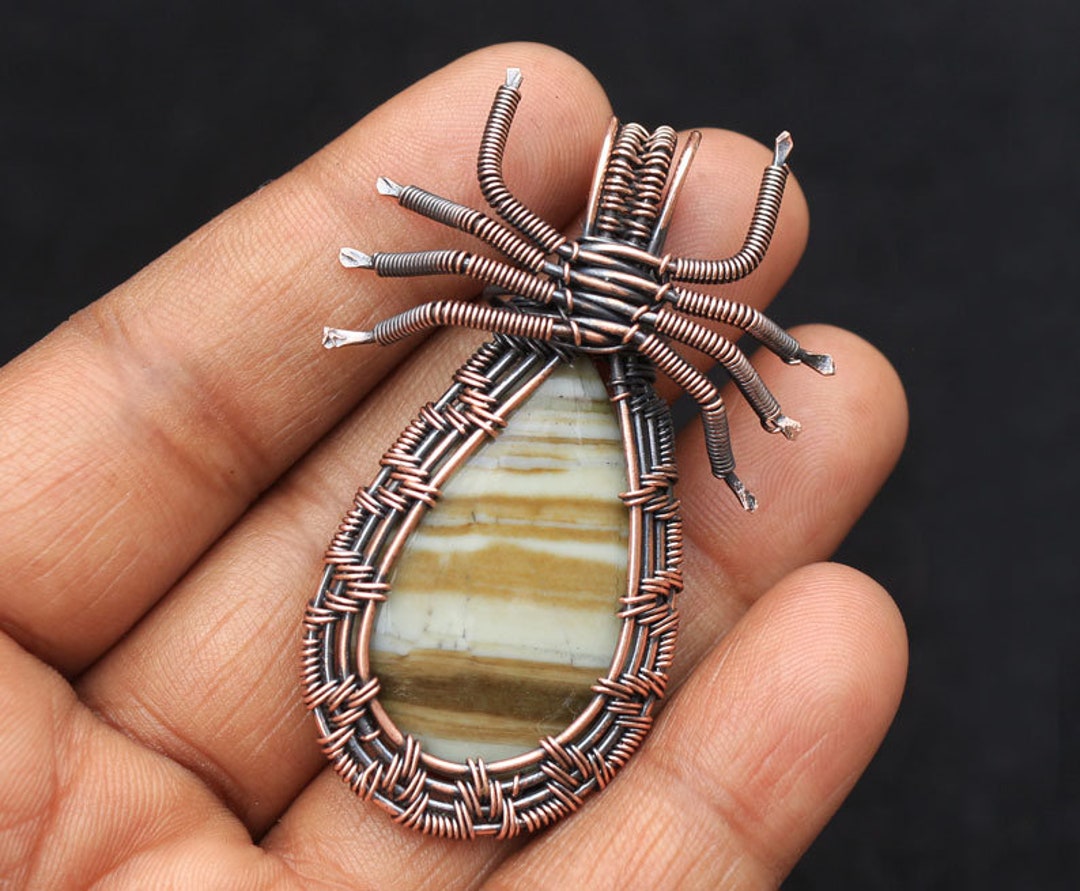 Copper Wire Wrapped Spider Pendant: Green Jasper Jewelry - Etsy