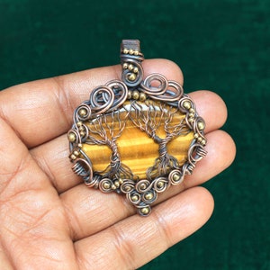 Two Tree Designer Copper Wire Pendant, Life Of Tree Pendant, Tiger Eye Gemstone Pendant, Christmas Gift, Oxidize Pendant